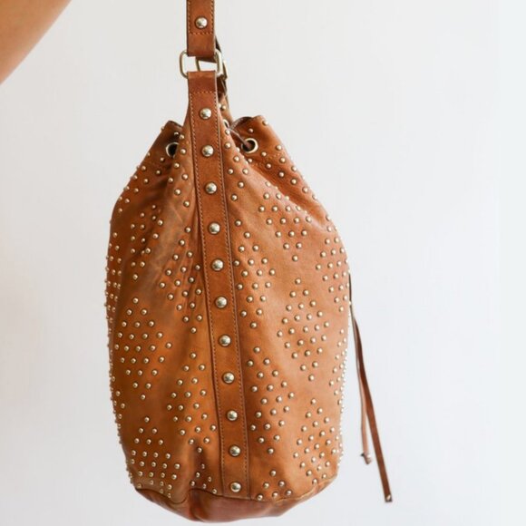SANDRO Brown Leather Studs Bucket Bag Drawstring Bohemian Festival - Picture 1 of 16